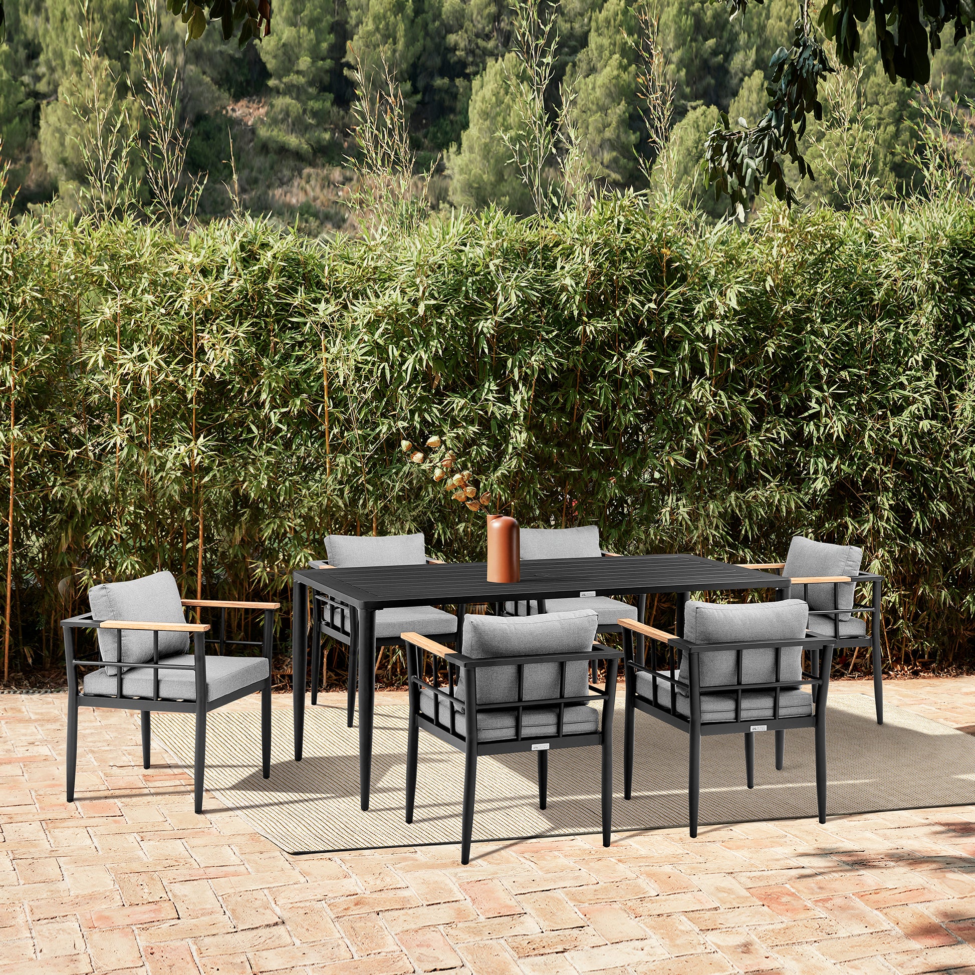 Beowulf Outdoor Patio 7-Piece Dining Table Set in Aluminum and Teak with Grey Cushions By Armen Living | Outdoor Dining Sets | Modishstore