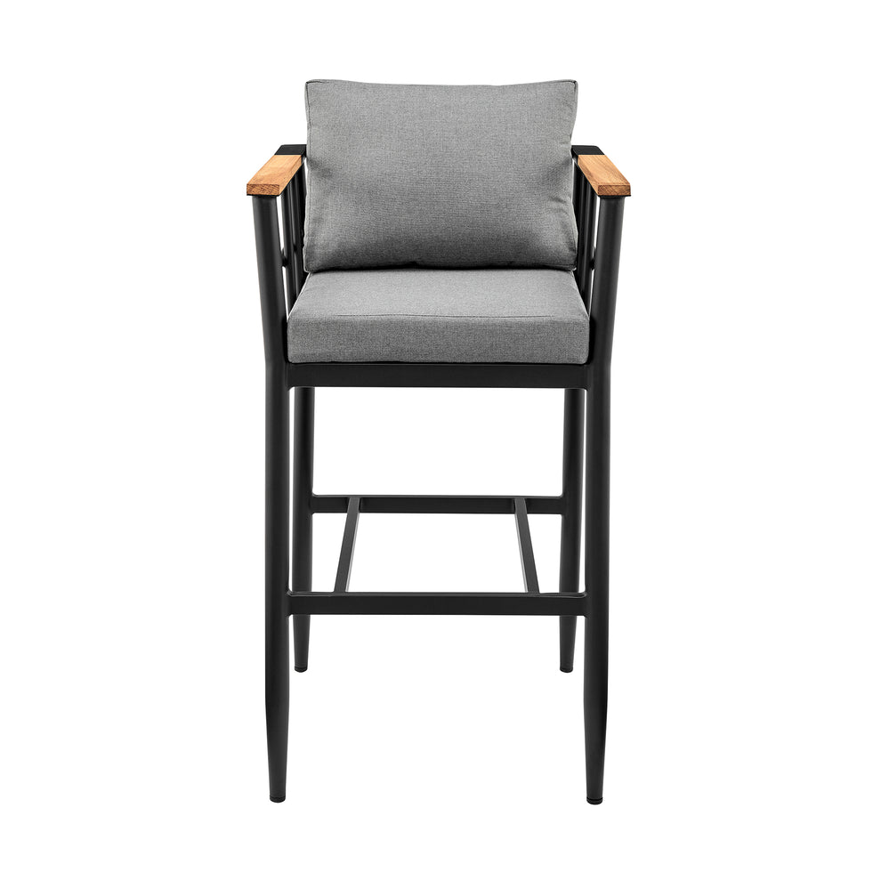 Wiglaf Outdoor Patio Counter Height Bar Stool in Aluminum and Teak with Grey Cushions By Armen Living | Bar Stools | Modishstore - 4