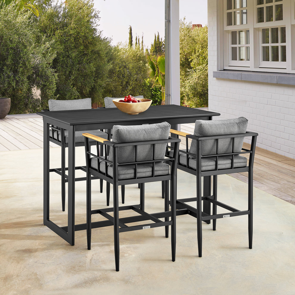 Wiglaf Outdoor Patio Counter Height Bar Stool in Aluminum and Teak with Grey Cushions By Armen Living | Bar Stools | Modishstore - 3
