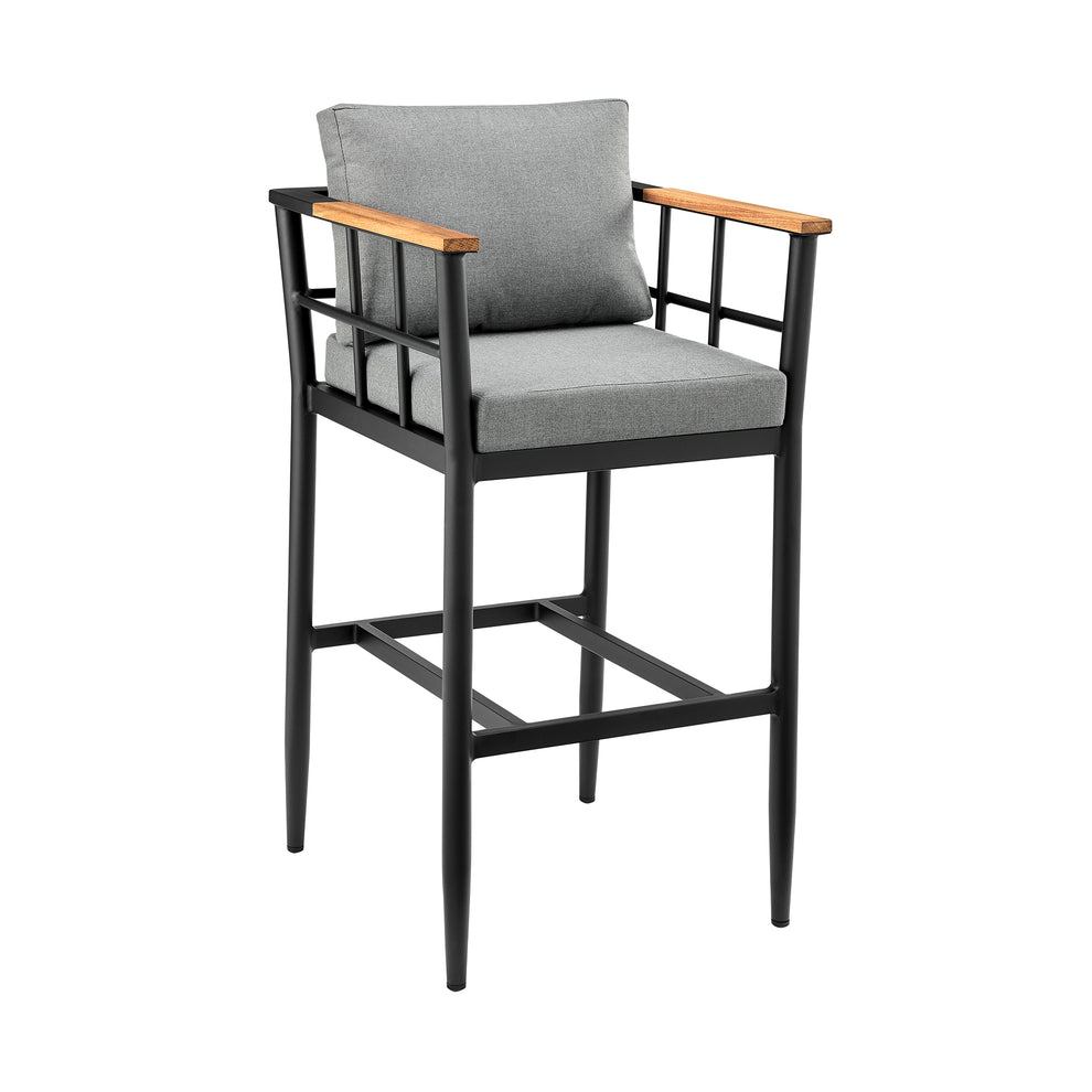 Wiglaf Outdoor Patio Bar Stool in Aluminum and Teak with Grey Cushions By Armen Living | Bar Stools | Modishstore - 2