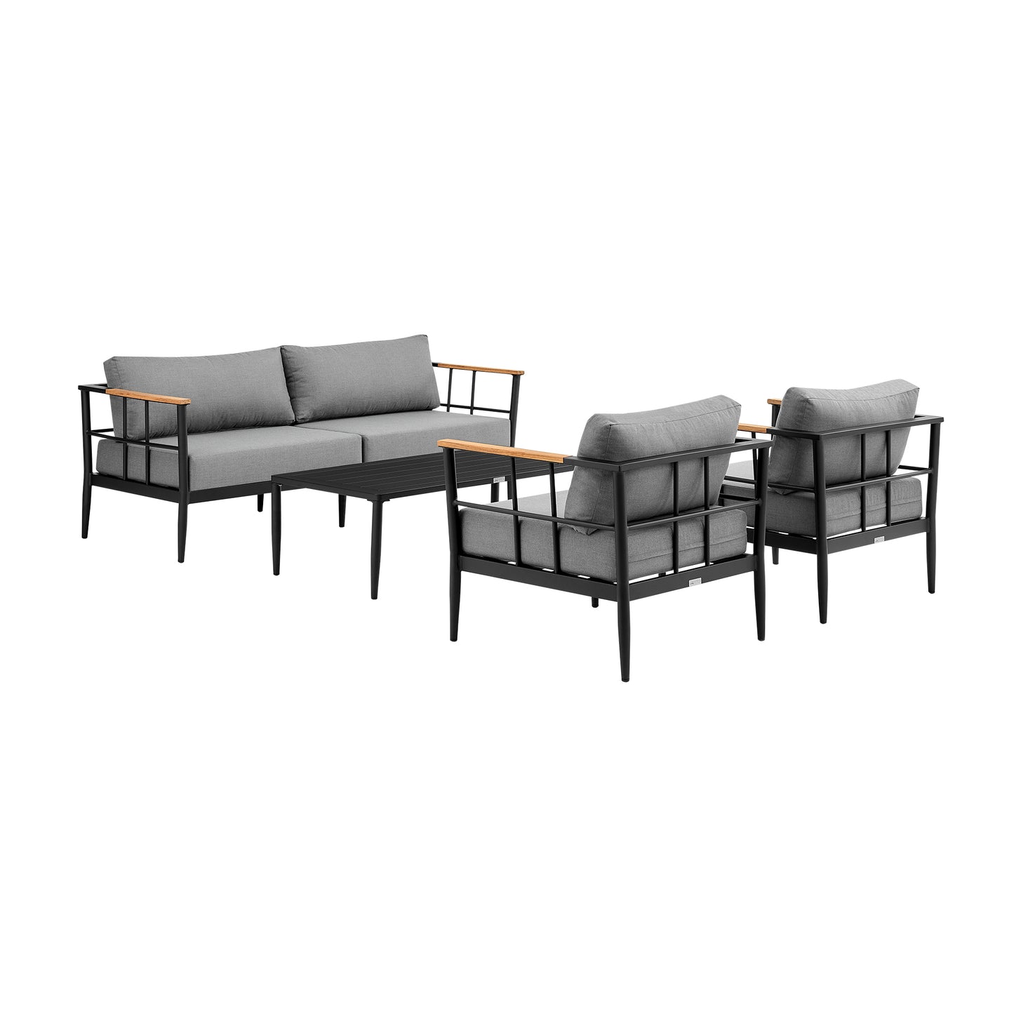 Shari Outdoor Patio 4-Piece Lounge Set in Aluminum with Teak Wood and Grey Cushions By Armen Living | Outdoor Sofas, Loveseats & Sectionals | Modishstore - 2