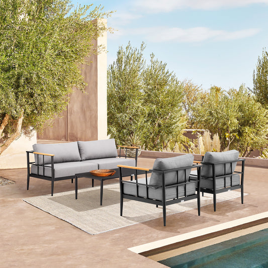 Shari Outdoor Patio 4-Piece Lounge Set in Aluminum with Teak Wood and Grey Cushions By Armen Living | Outdoor Sofas, Loveseats & Sectionals | Modishstore