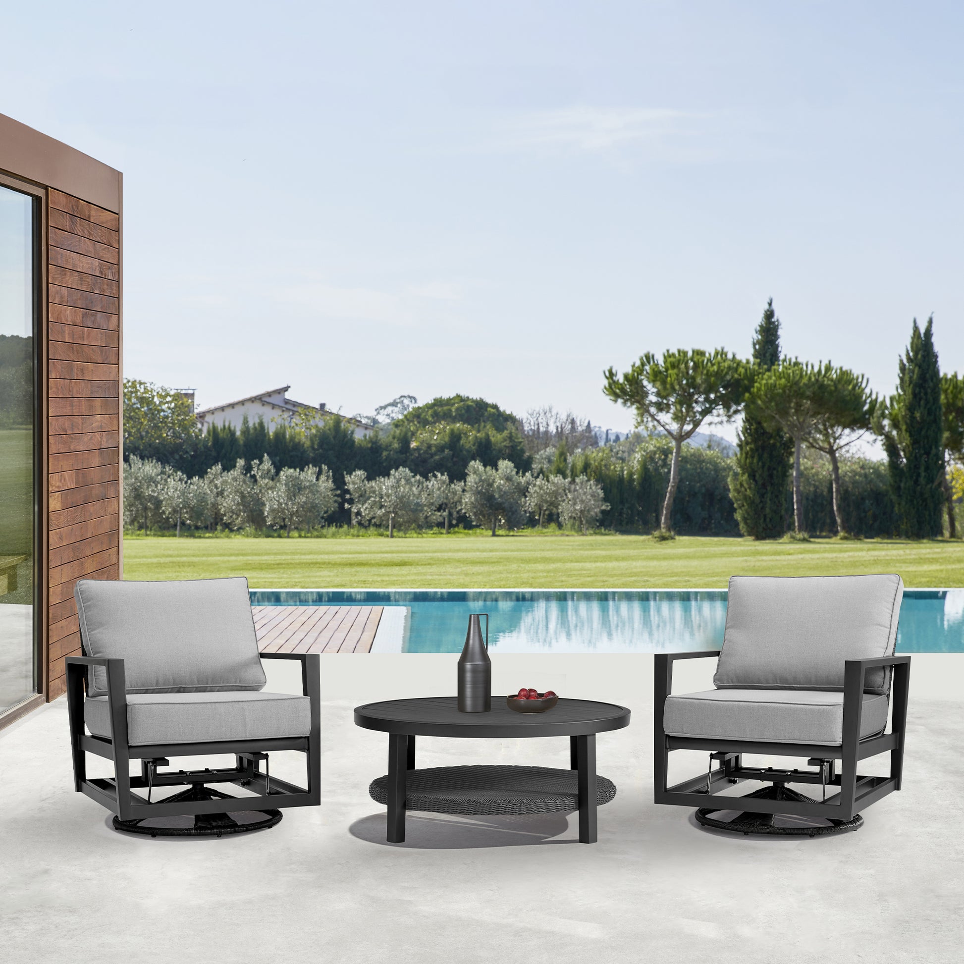 Grand 3 Piece Black Aluminum Outdoor Seating Set with Dark Gray Cushions By Armen Living | Outdoor Sofas, Loveseats & Sectionals | Modishstore