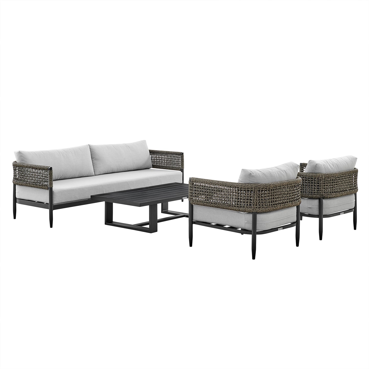 Felicia 4 Piece Outdoor Black Aluminum & Rope Conversation Set with Light Gray Fabric Cushions By Armen Living | Outdoor Sofas, Loveseats & Sectionals | Modishstore - 2