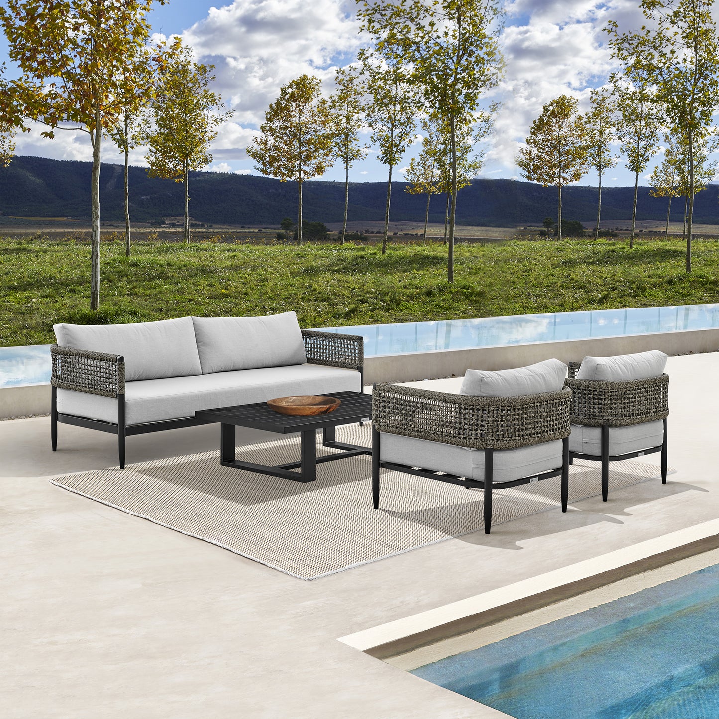 Felicia 4 Piece Outdoor Black Aluminum & Rope Conversation Set with Light Gray Fabric Cushions By Armen Living | Outdoor Sofas, Loveseats & Sectionals | Modishstore