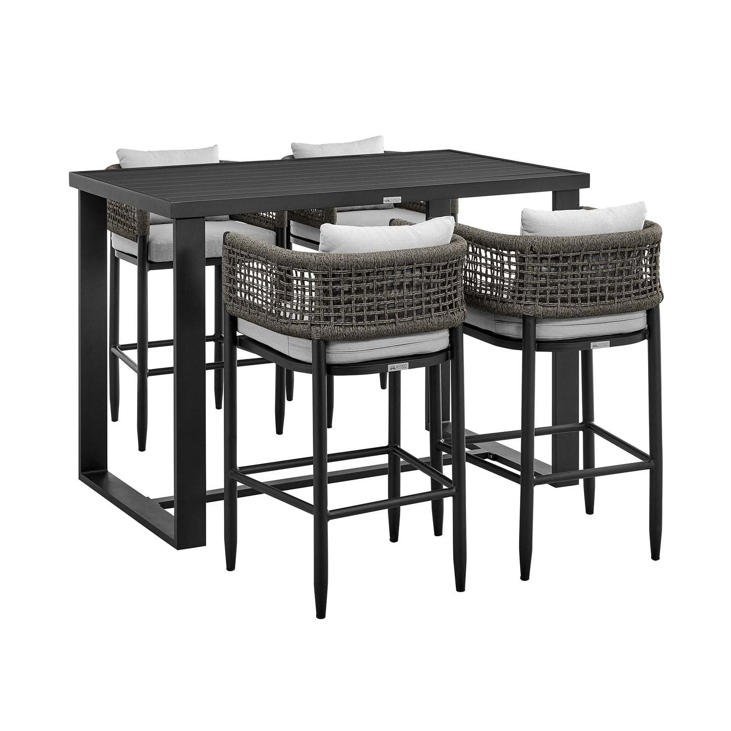 Felicia Outdoor Patio 5-Piece Bar Table Set in Aluminum with Grey Rope and Cushions By Armen Living | Bar Stools & Table | Modishstore - 2