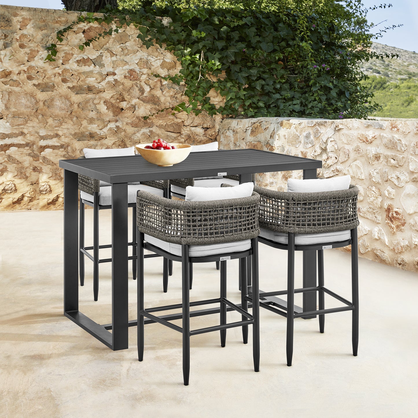 Felicia Outdoor Patio 5-Piece Bar Table Set in Aluminum with Grey Rope and Cushions By Armen Living | Bar Stools & Table | Modishstore