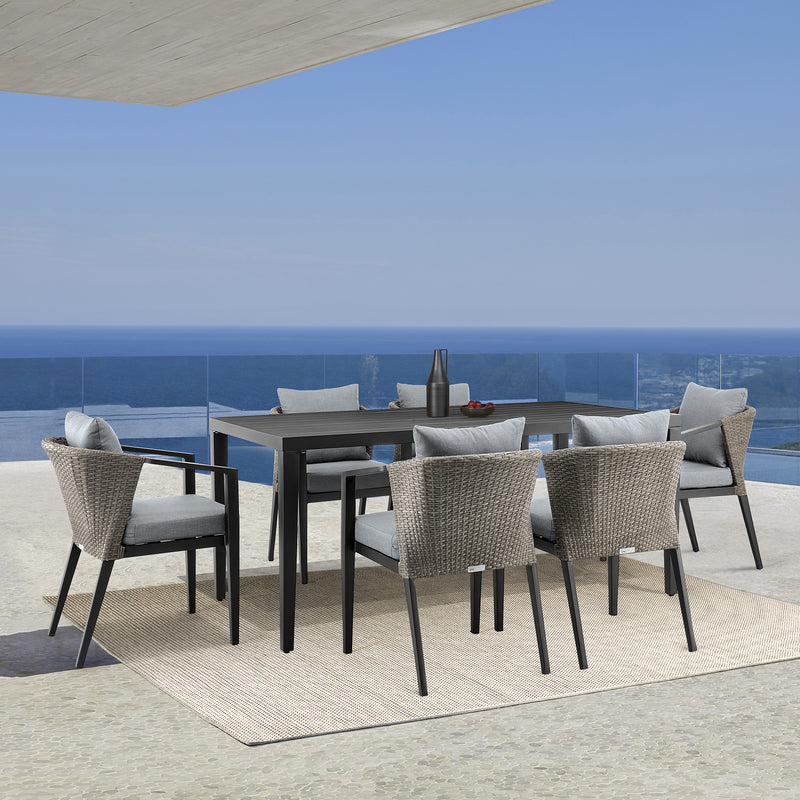 Aileen Outdoor Patio 7-Piece Dining Table Set in Aluminum and Wicker with Grey Cushions By Armen Living | Outdoor Dining Sets | Modishstore