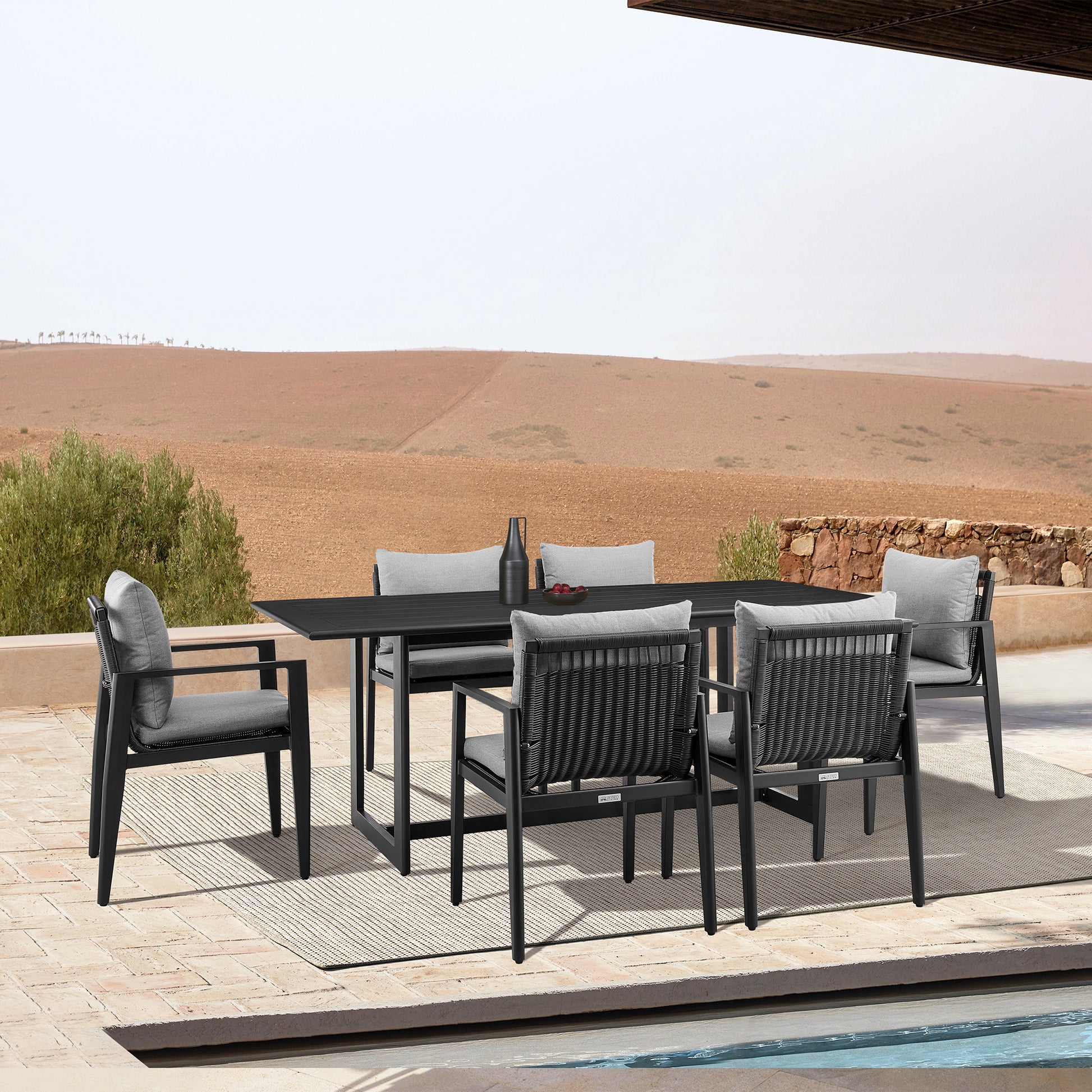 Grand Outdoor Patio 7-Piece Dining Table Set in Aluminum with Grey Cushions By Armen Living | Outdoor Dining Sets | Modishstore