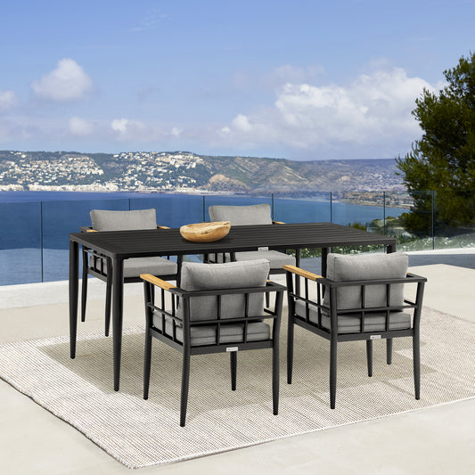 Beowulf Outdoor Patio 5-Piece Dining Table Set in Aluminum and Teak with Grey Cushions By Armen Living | Outdoor Dining Sets | Modishstore