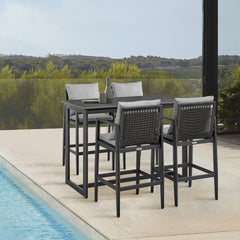 Grand Outdoor Patio 5-Piece Bar Table Set in Aluminum with Grey Cushions By Armen Living
