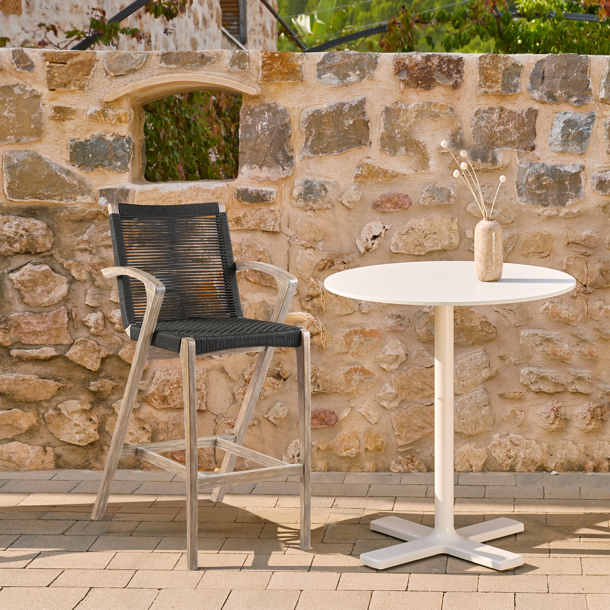 Nabila Outdoor Light Eucalyptus Wood and Charcoal Rope Counter and Bar Height Stool By Armen Living | Counter Stools | Modishstore