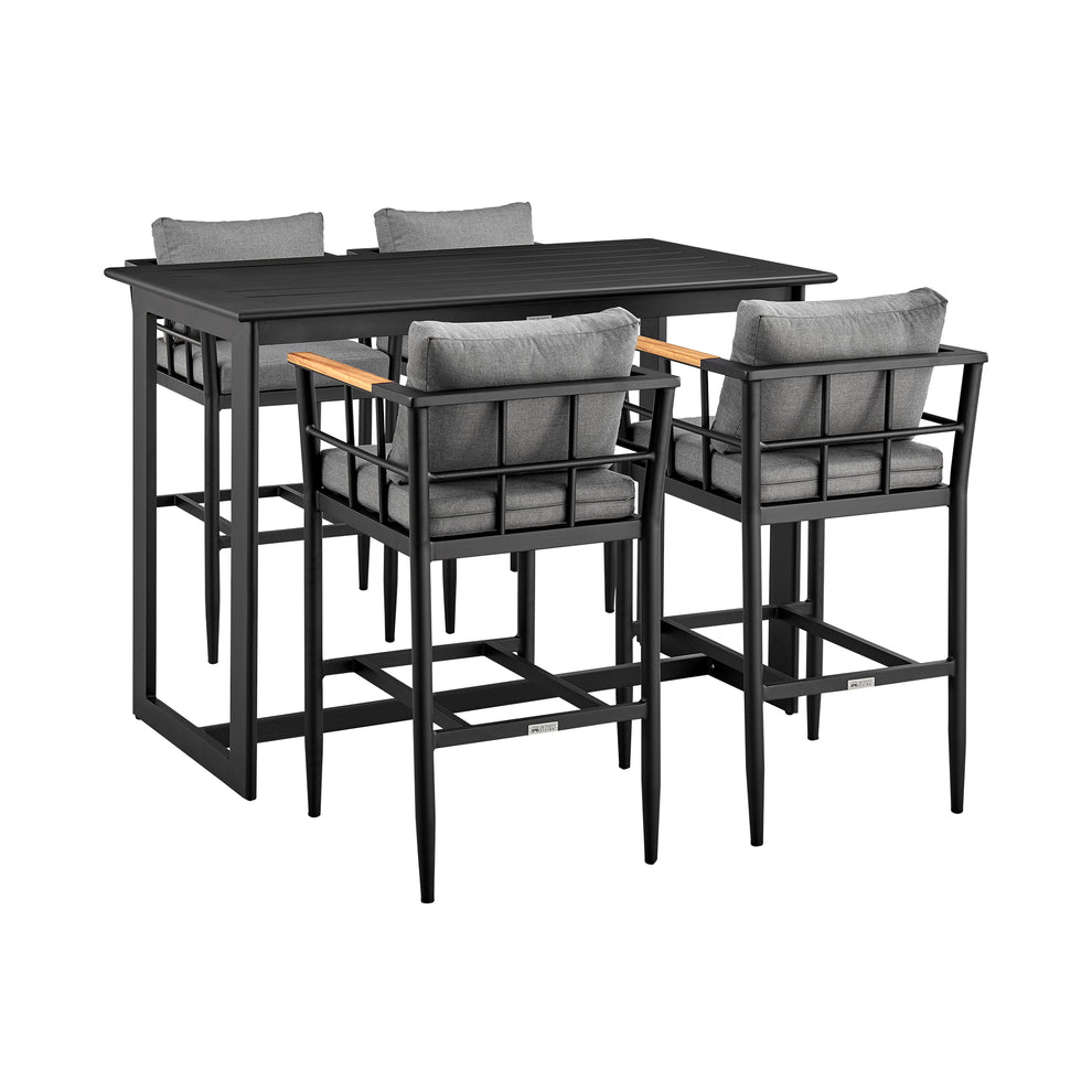 Wiglaf Outdoor Patio 5-Piece Bar Table Set in Aluminum with Grey Cushions By Armen Living | Bar Stools & Table | Modishstore - 2