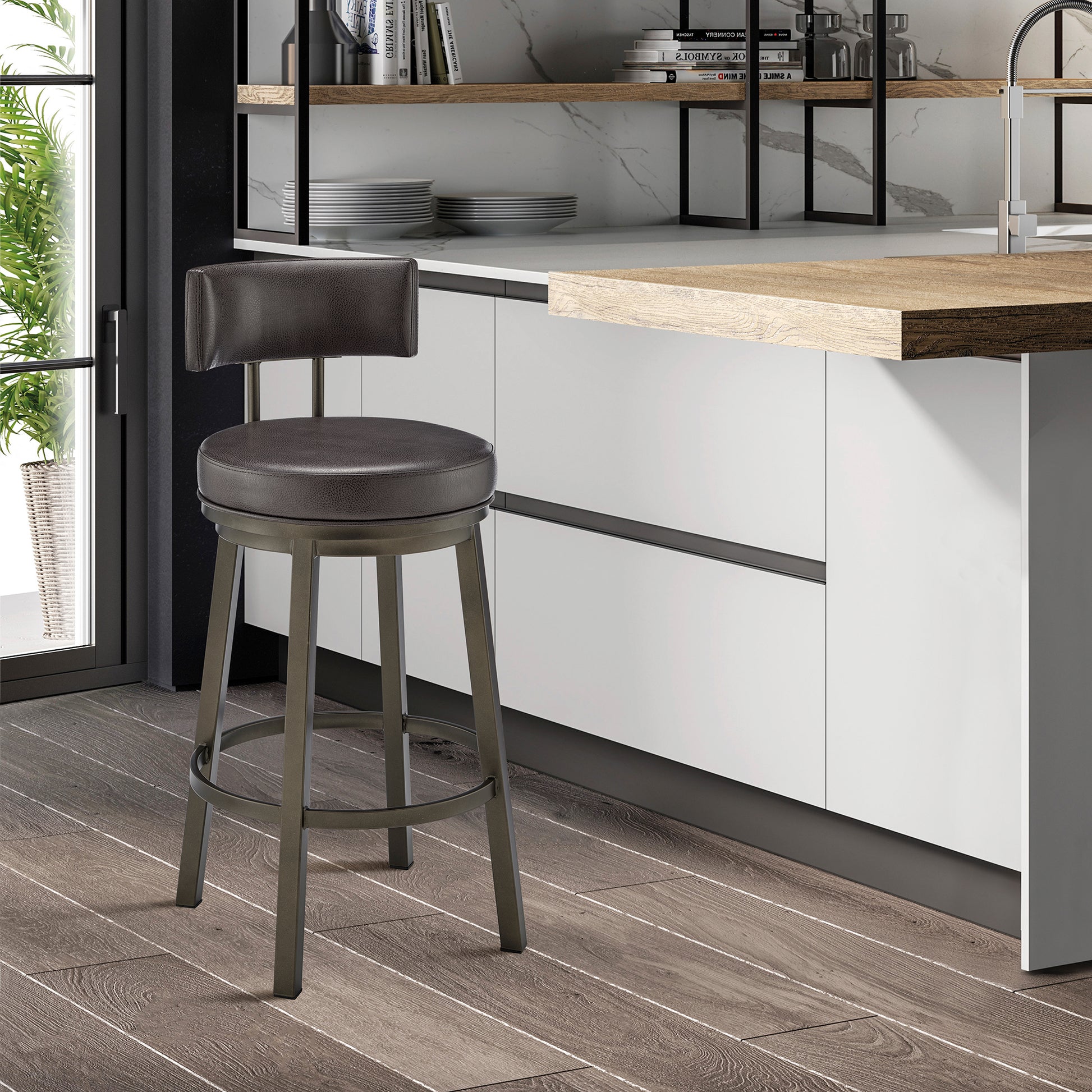 Dalza Swivel Counter or Bar Stool in Mocha Finish with Brown Faux Leather By Armen Living | Bar Stools | Modishstore