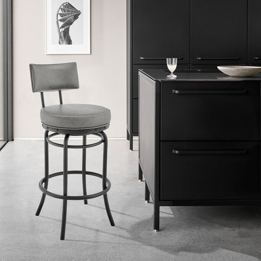 Rees Swivel Counter or Bar Stool in Black Finish with Grey Faux Leather By Armen Living | Bar Stools | Modishstore