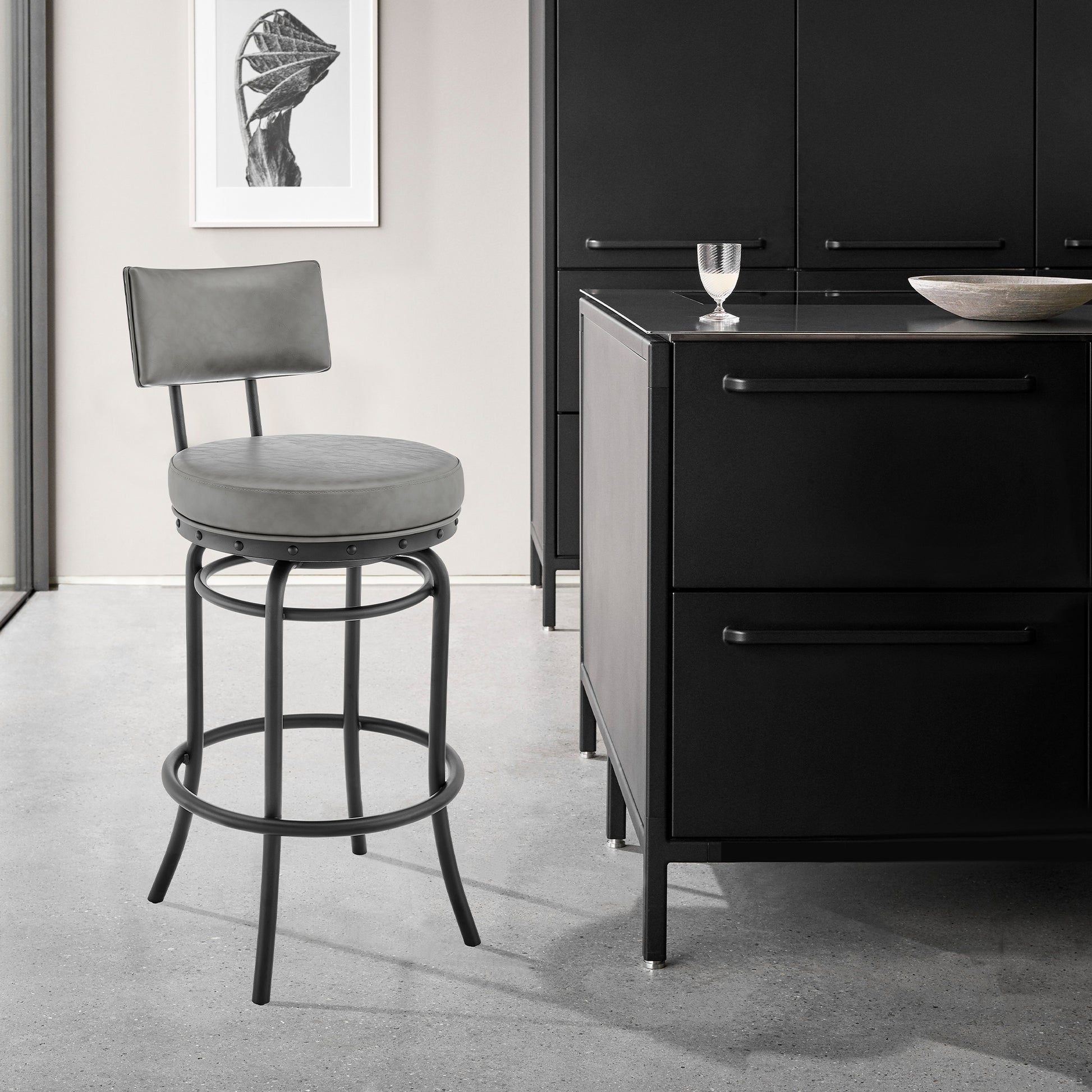 Rees Swivel Counter or Bar Stool in Black Finish with Grey Faux Leather By Armen Living | Bar Stools | Modishstore