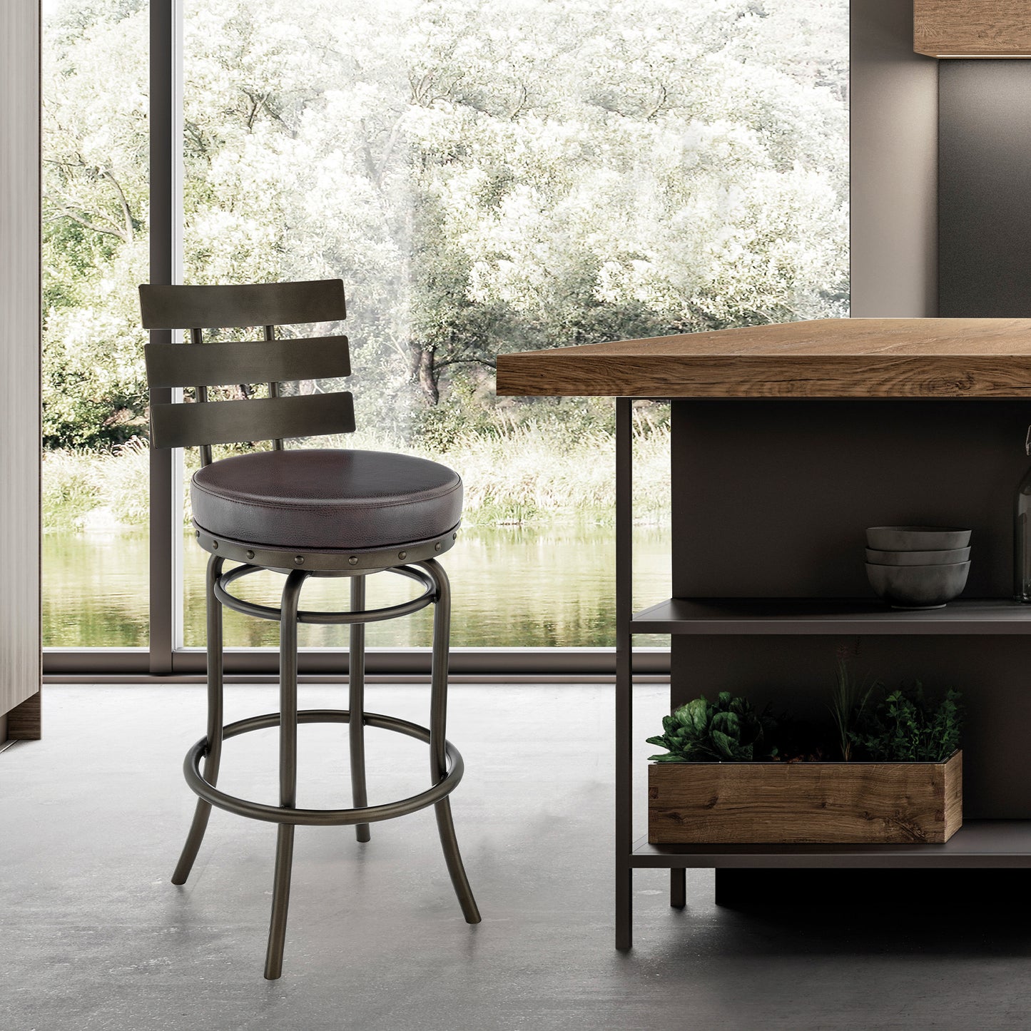 Natya Swivel Counter or Bar Stool in Mocha Finish with Brown Faux Leather By Armen Living | Bar Stools | Modishstore