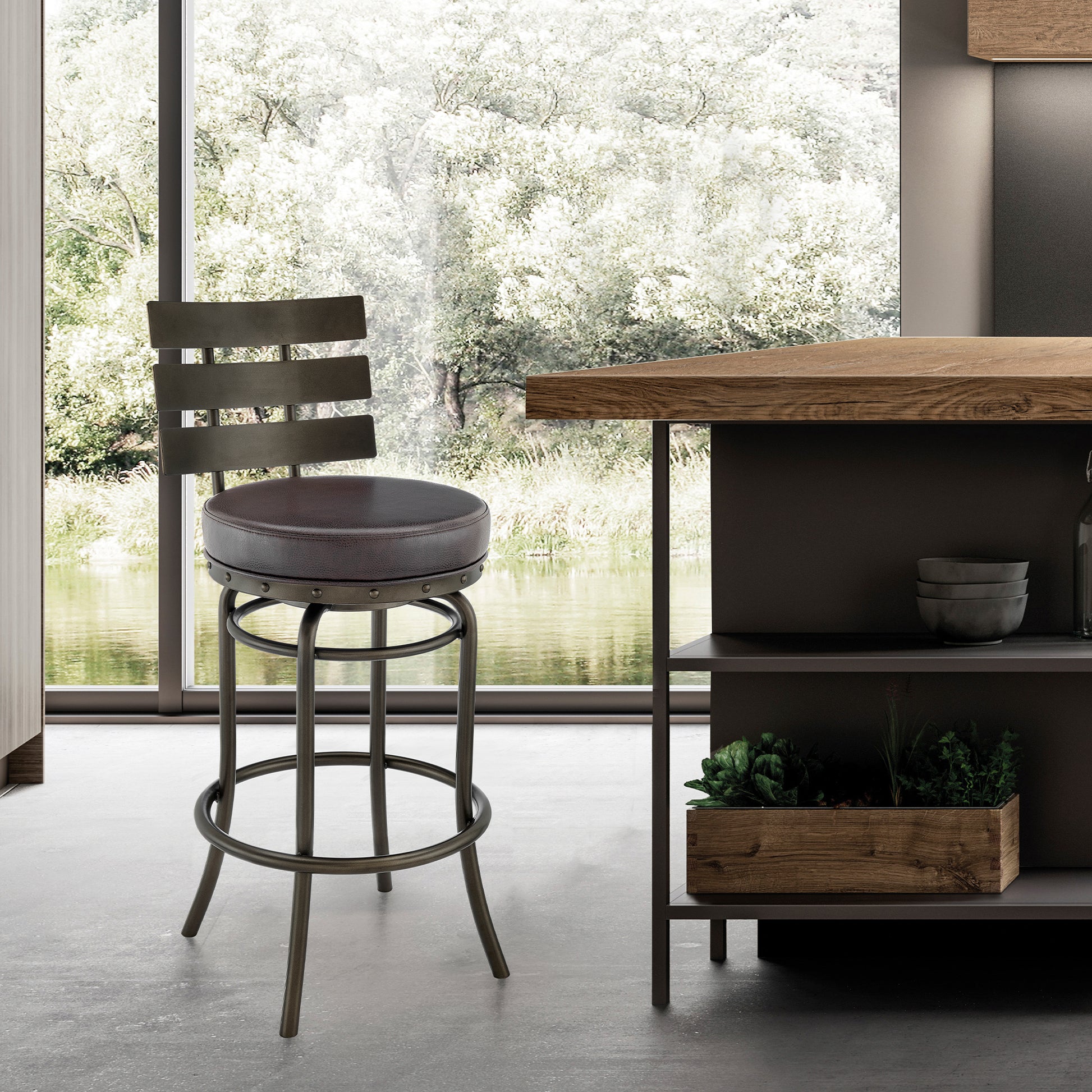 Natya Swivel Counter or Bar Stool in Mocha Finish with Brown Faux Leather By Armen Living | Bar Stools | Modishstore