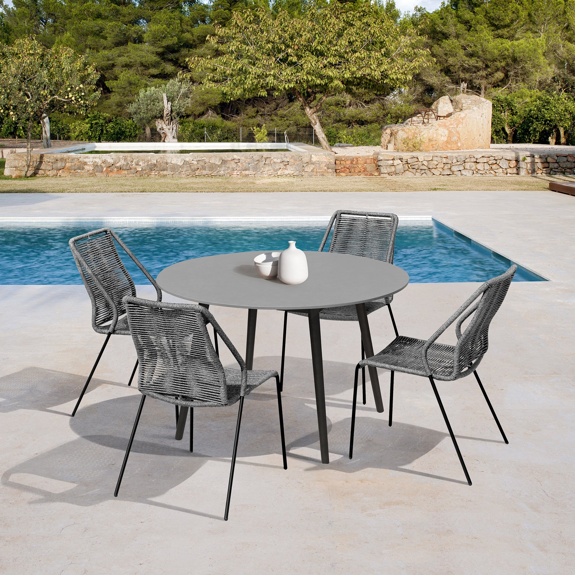 Sydney and Clip Outdoor Patio 5 Piece Dining Set in Grey Rope with Black Eucalyptus Wood By Armen Living | Outdoor Dining Sets | Modishstore