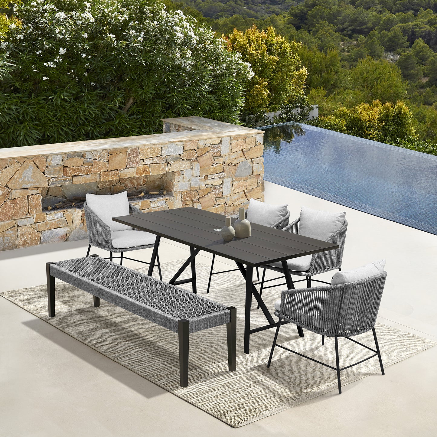 Koala Calica and Camino 6 Piece Outdoor Dining Set with Dark Eucalyptus Wood and Grey Rope and Cushions By Armen Living | Outdoor Dining Sets | Modishstore