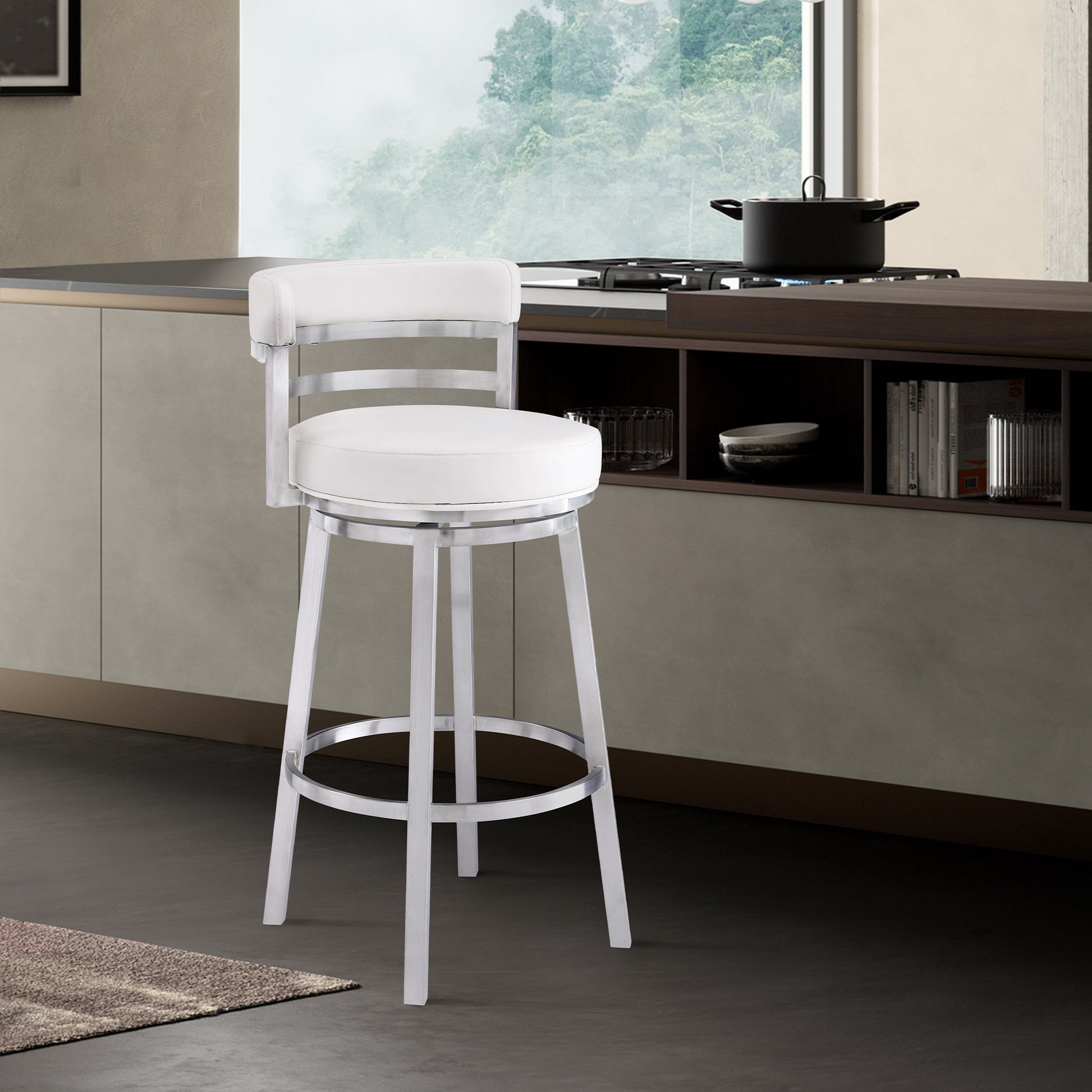 Titana 30" Bar Height Swivel White Faux Leather and Brushed Stainless Steel Bar Stool By Armen Living | Bar Stools | Modishstore