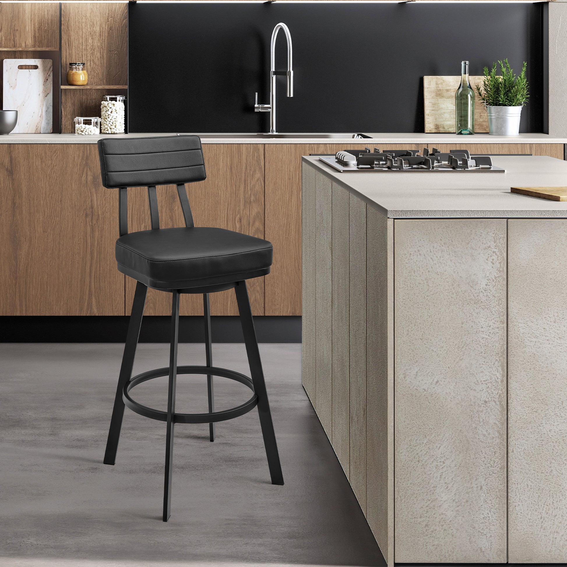 Jinab Swivel Counter Stool in Black Metal with Black Faux Leather By Armen Living | Counter Stools | Modishstore