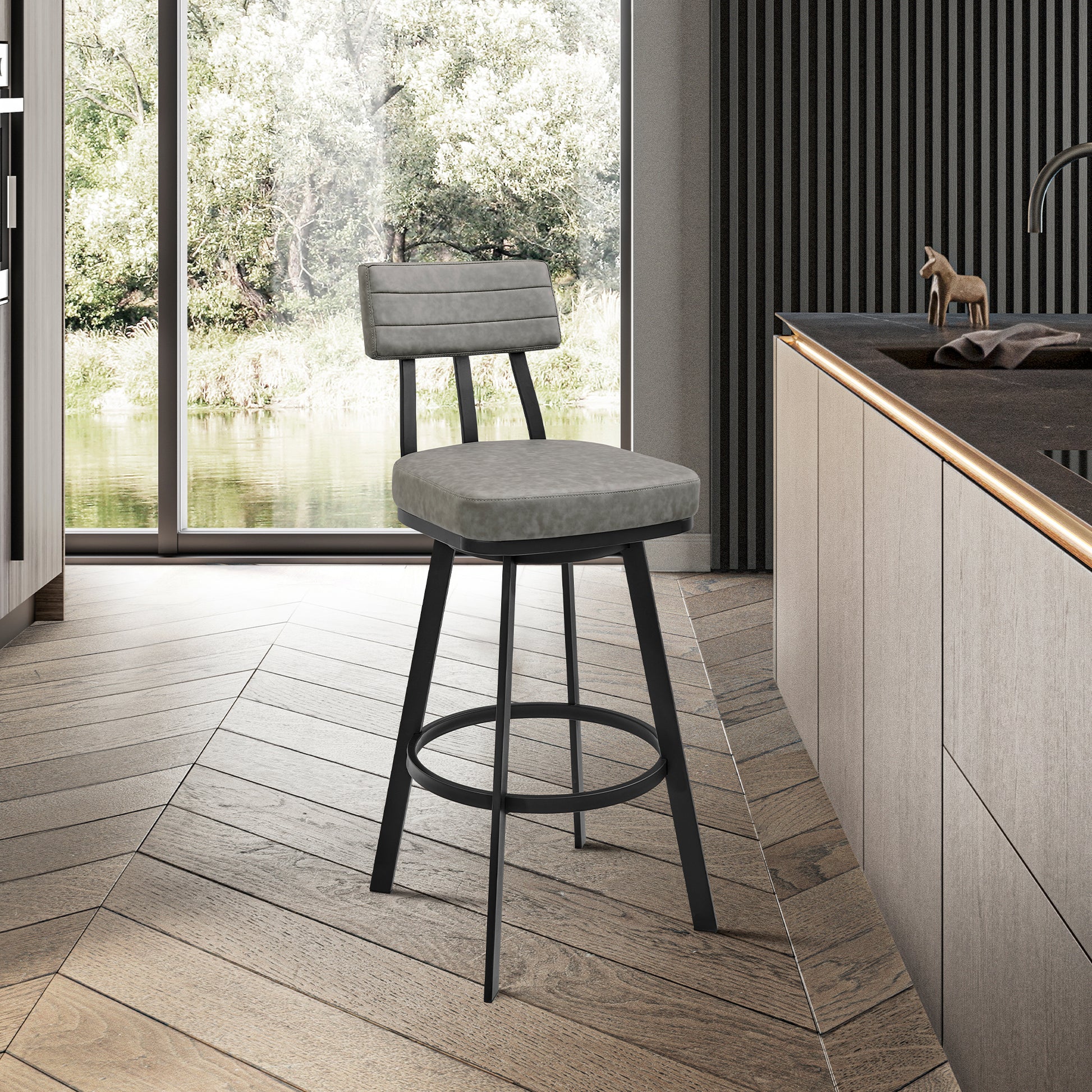 Jinab Swivel Counter Stool in Black Metal with Grey Faux Leather By Armen Living | Counter Stools | Modishstore