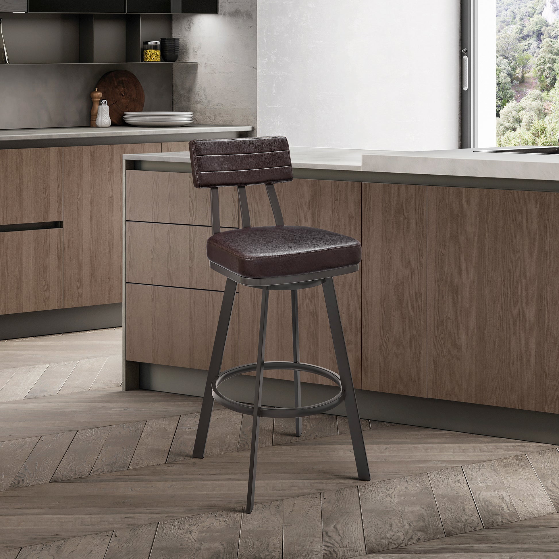 Jinab Swivel Counter Stool in Brown Metal with Brown Faux Leather By Armen Living | Counter Stools | Modishstore