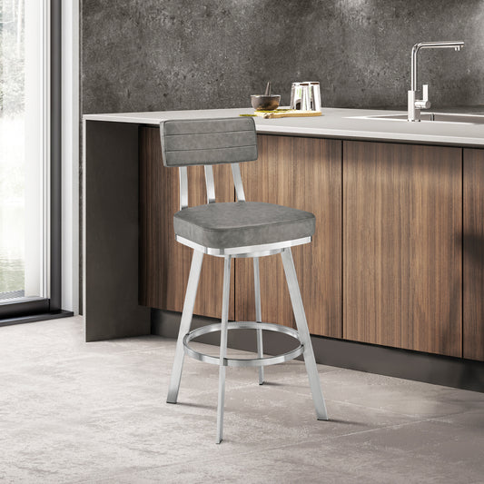 Jinab Swivel Counter Stool in Brushed Stainless Steel with Grey Faux Leather By Armen Living | Counter Stools | Modishstore