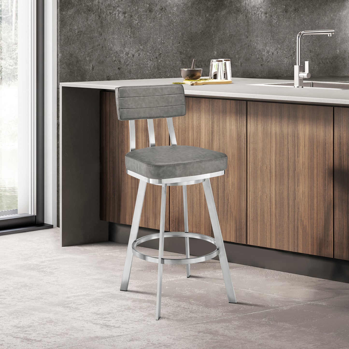 Jinab Swivel Counter Stool in Brushed Stainless Steel with Grey Faux Leather By Armen Living | Counter Stools | Modishstore