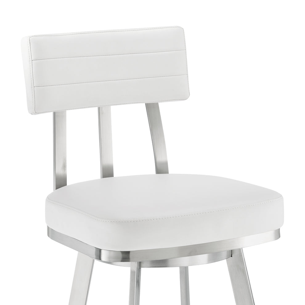 Jinab Swivel Counter Stool in Brushed Stainless Steel with White Faux Leather  By Armen Living | Counter Stools | Modishstore - 7