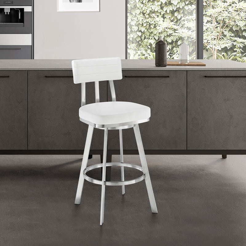 Jinab Swivel Counter Stool in Brushed Stainless Steel with White Faux Leather  By Armen Living | Counter Stools | Modishstore