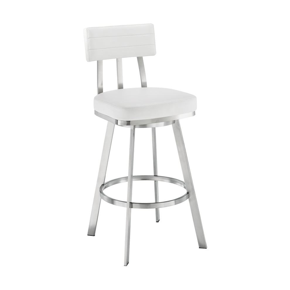 Jinab Swivel Bar Stool in Brushed Stainless Steel with White Faux Leather By Armen Living | Bar Stools | Modishstore - 2