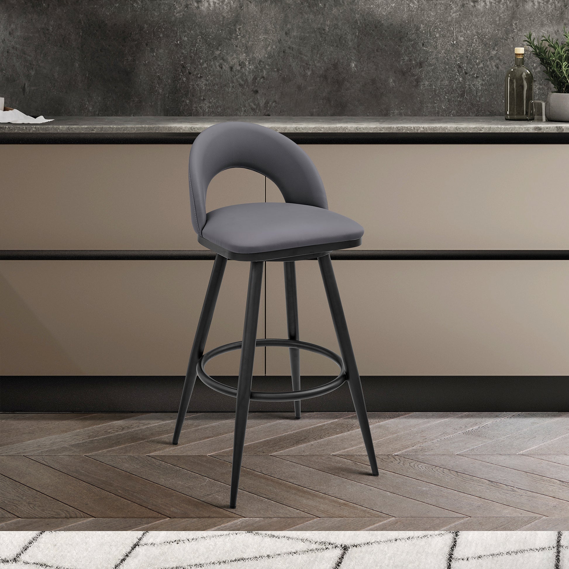 Lottech Swivel Counter Stool in Black Metal and Grey Faux Leather By Armen Living | Counter Stools | Modishstore