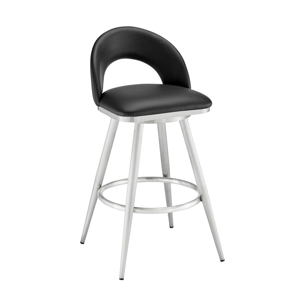 Lottech Swivel Counter Stool in Brushed Stainless Steel and Black Faux Leather By Armen Living | Counter Stools | Modishstore - 2