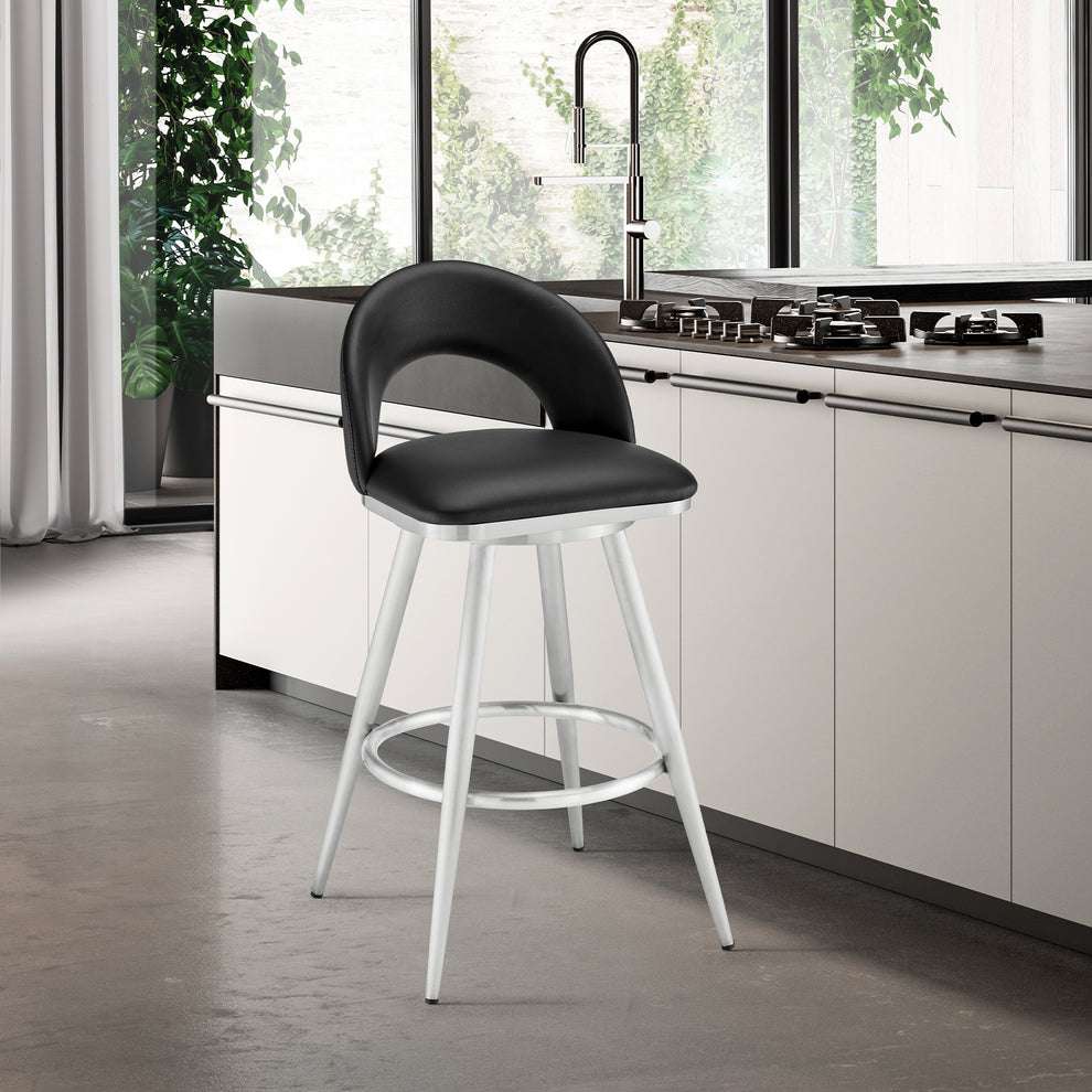 Lottech Swivel Counter Stool in Brushed Stainless Steel and Black Faux Leather By Armen Living | Counter Stools | Modishstore