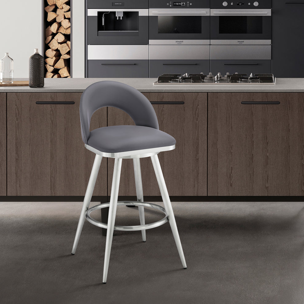Lottech Swivel Bar Stool in Brushed Stainless Steel with Black Faux Leather By Armen Living | Bar Stools | Modishstore - 11
