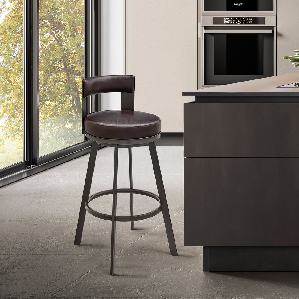 Lynof Swivel Counter Stool in Black Metal with Light Grey Faux Leather By Armen Living | Counter Stools | Modishstore - 11