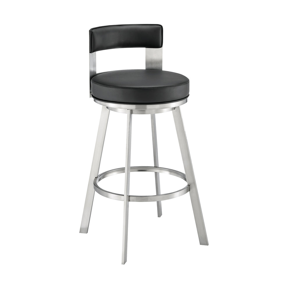 Lynof Swivel Counter Stool in Brushed Stainless Steel with Black Faux Leather By Armen Living | Counter Stools | Modishstore - 2