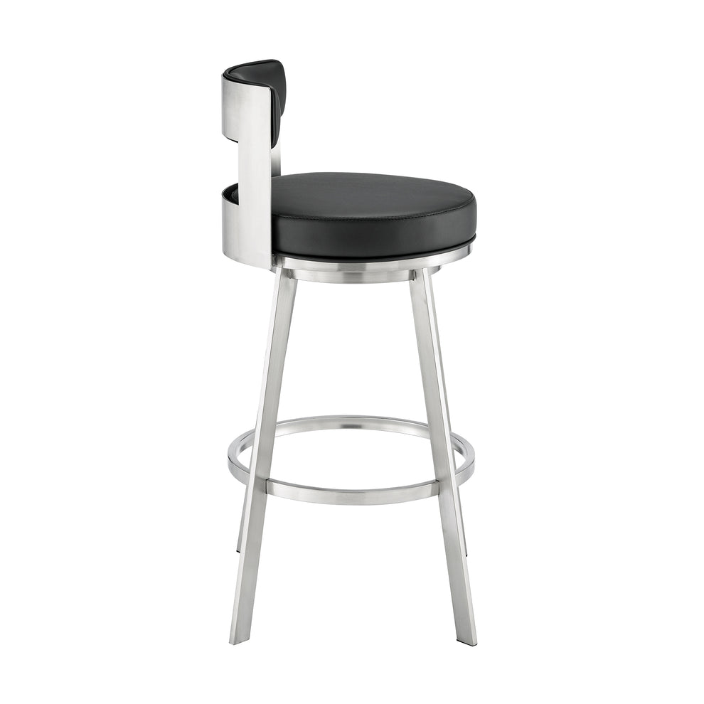 Lynof Swivel Counter Stool in Brushed Stainless Steel with Black Faux Leather By Armen Living | Counter Stools | Modishstore - 4
