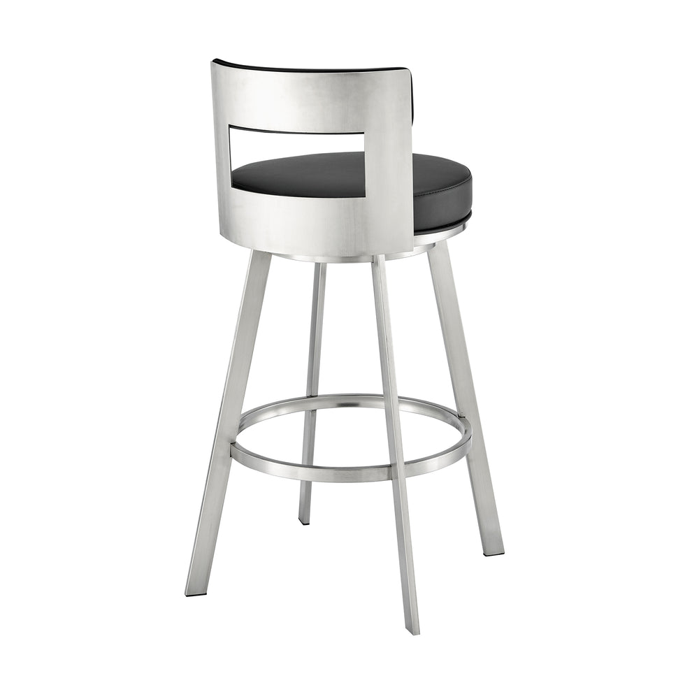 Lynof Swivel Counter Stool in Brushed Stainless Steel with Black Faux Leather By Armen Living | Counter Stools | Modishstore - 5