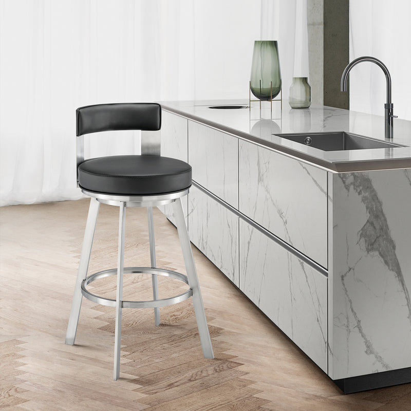 Lynof Swivel Counter Stool in Brushed Stainless Steel with Black Faux Leather By Armen Living | Counter Stools | Modishstore
