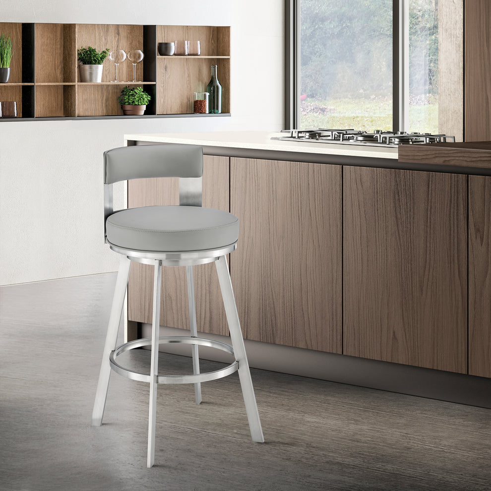 Lynof Swivel Counter Stool in Brushed Stainless Steel with Black Faux Leather By Armen Living | Counter Stools | Modishstore - 11