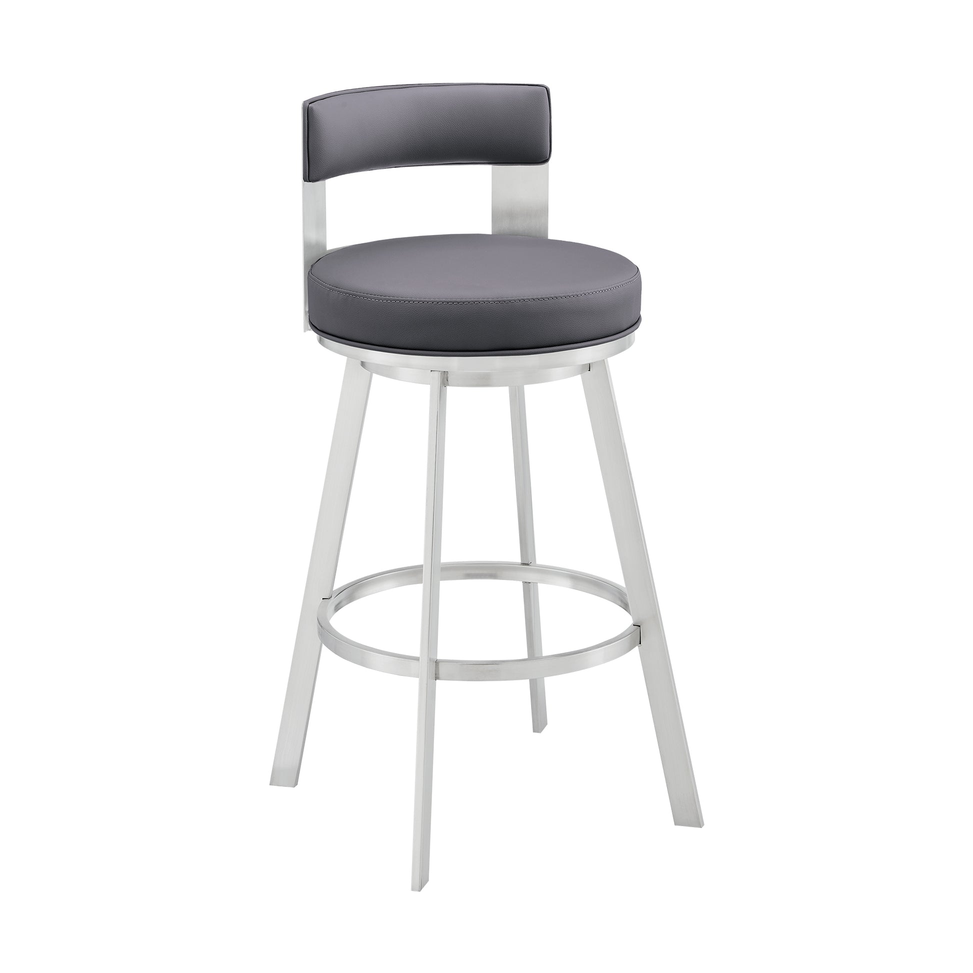 Lynof Swivel Counter Stool in Silver Metal with Grey Faux Leather By Armen Living | Counter Stools | Modishstore - 2
