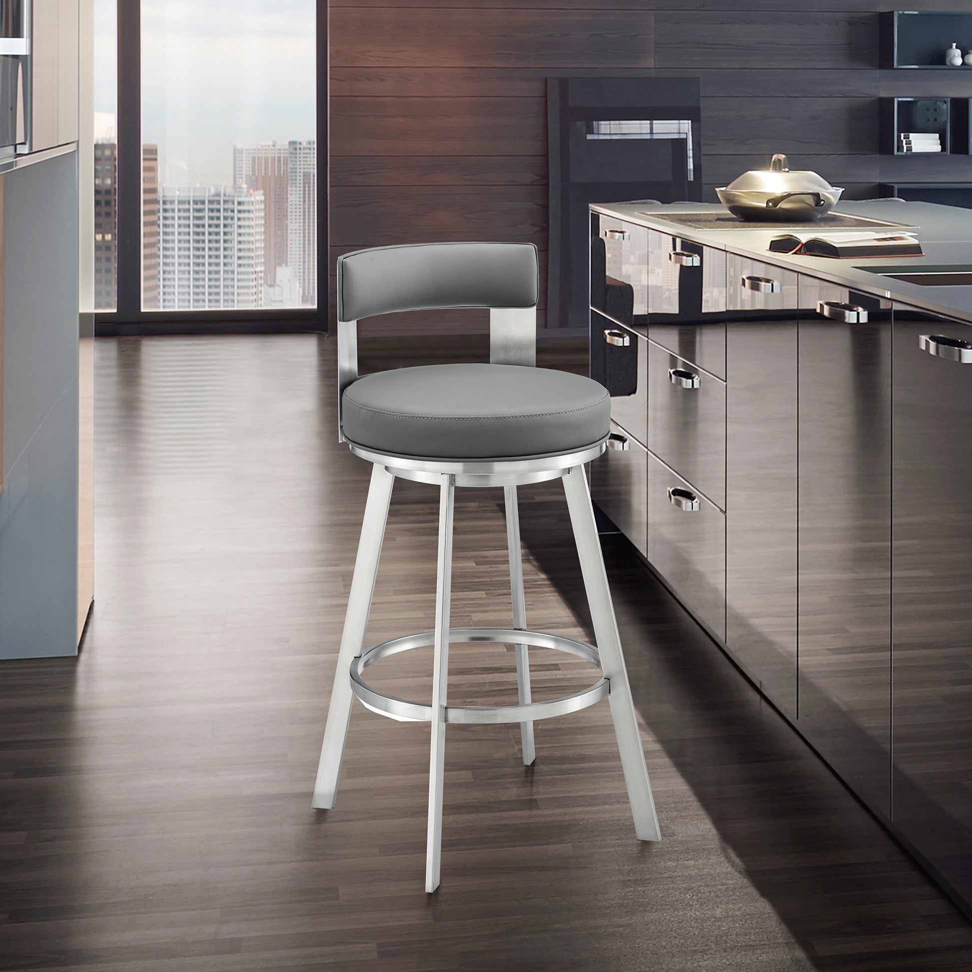 Lynof Swivel Counter Stool in Silver Metal with Grey Faux Leather By Armen Living | Counter Stools | Modishstore