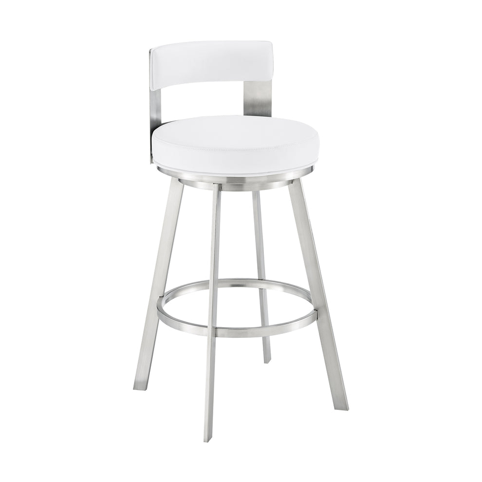 Lynof Swivel Counter Stool in Brushed Stainless Steel with White Faux Leather By Armen Living | Counter Stools | Modishstore - 2