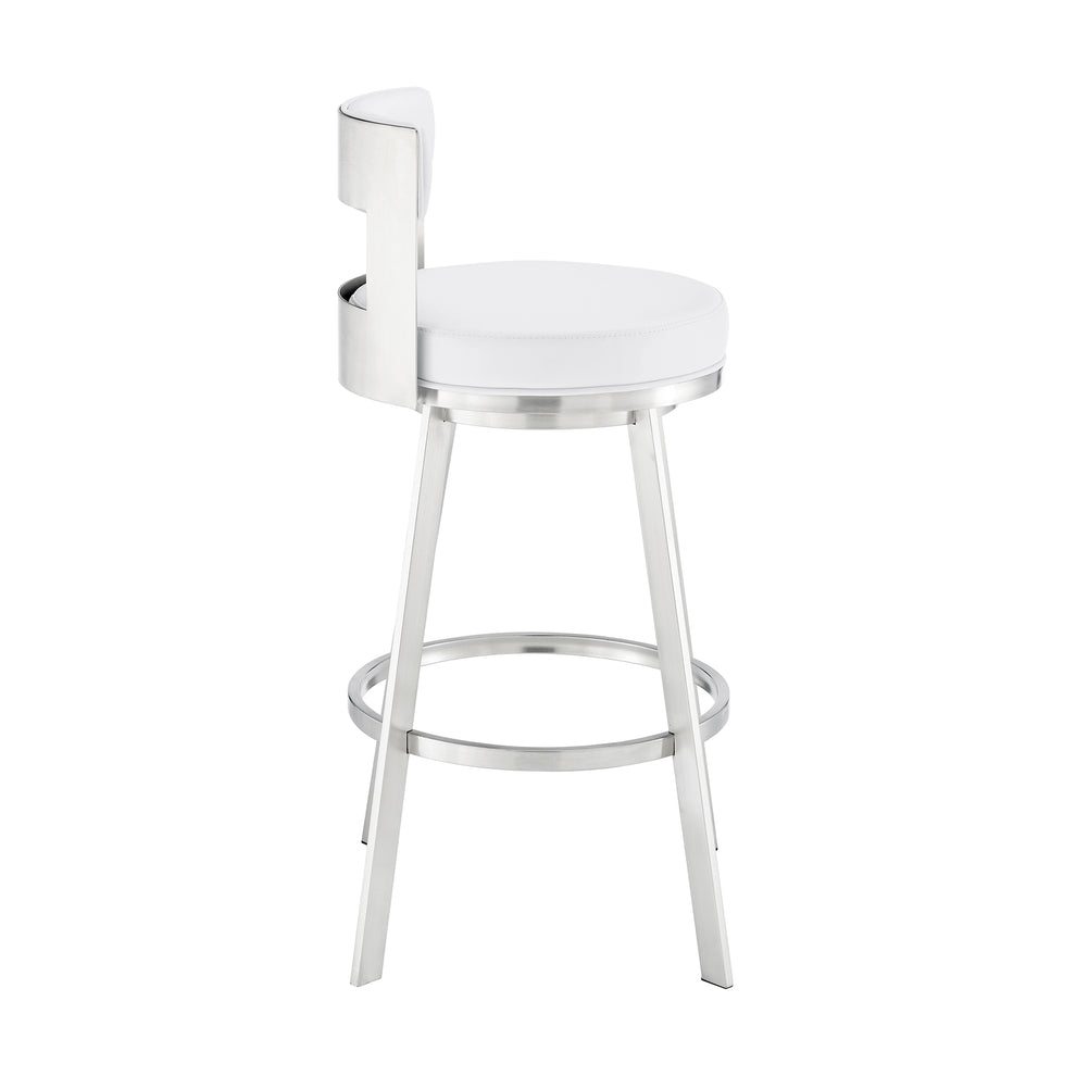 Lynof Swivel Counter Stool in Brushed Stainless Steel with White Faux Leather By Armen Living | Counter Stools | Modishstore - 4