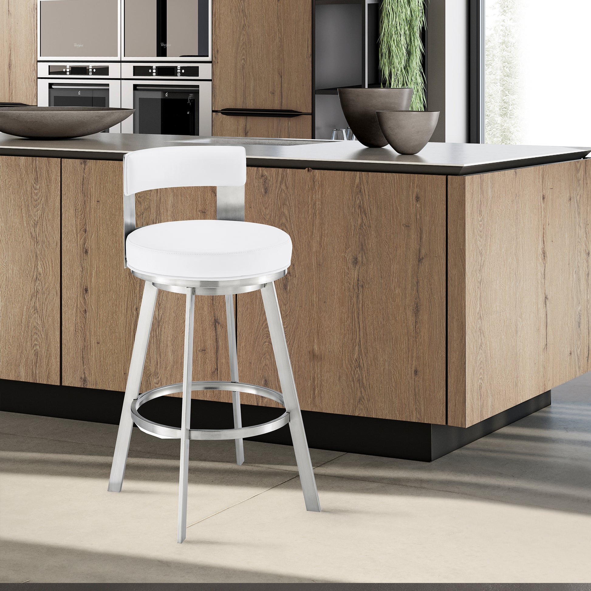 Lynof Swivel Counter Stool in Brushed Stainless Steel with White Faux Leather By Armen Living | Counter Stools | Modishstore
