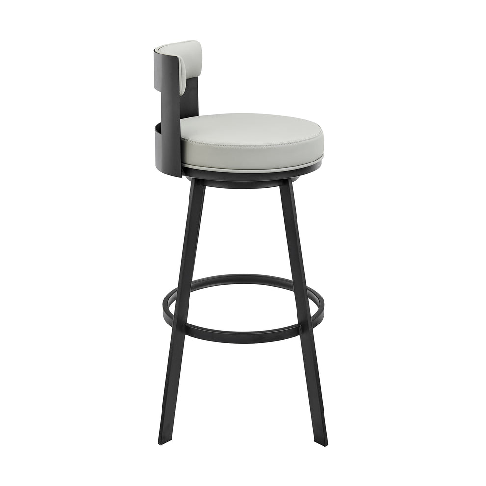 Lynof Swivel Bar Stool in Black Metal with Light Grey Faux Leather By Armen Living | Bar Stools | Modishstore - 4