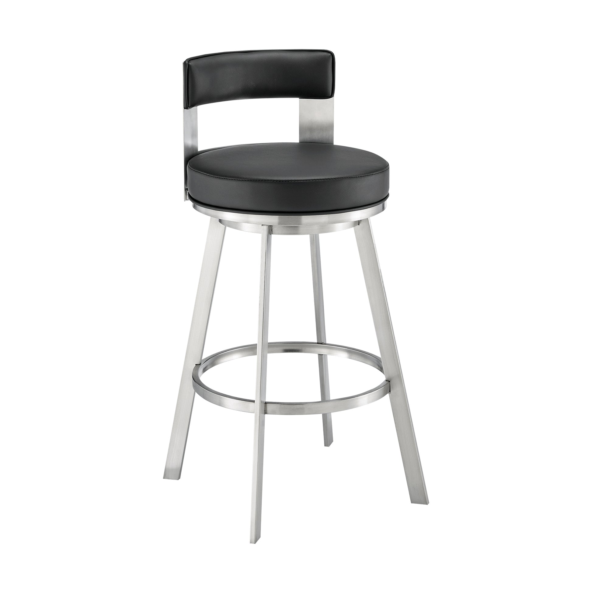 Lynof Swivel Bar Stool in Brushed Stainless Steel with Black Faux Leather By Armen Living | Bar Stools | Modishstore - 2
